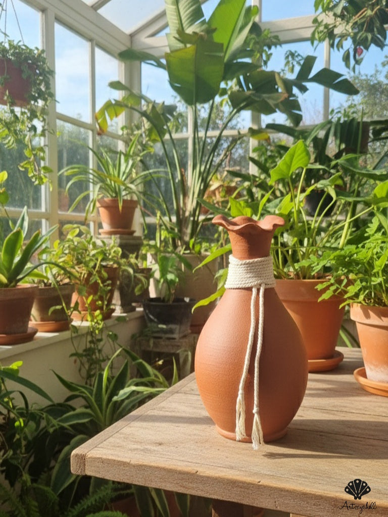Handmade Terracotta Vase with Macramé Rope Detail – Rustic Boho Decorative Pitcher