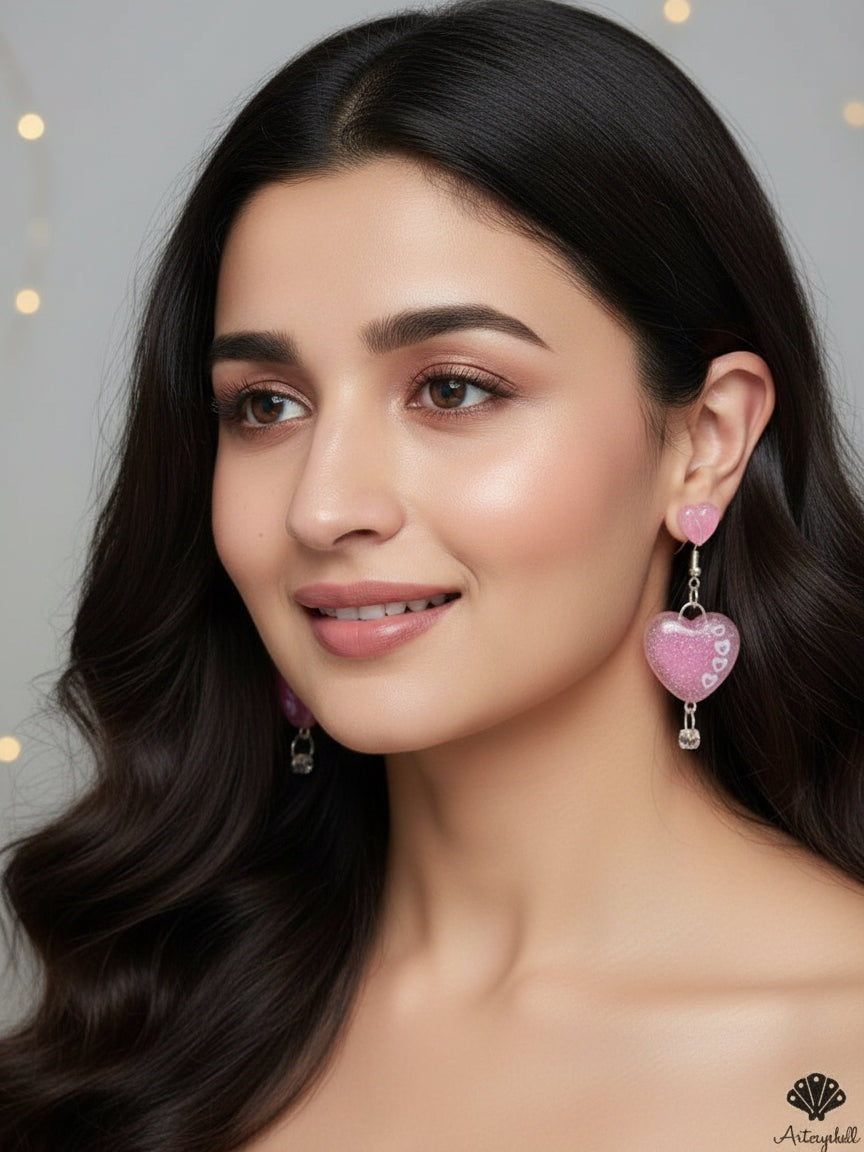 Sparkling Heart Drop Earrings: Kawaii Pink Resin Dangles