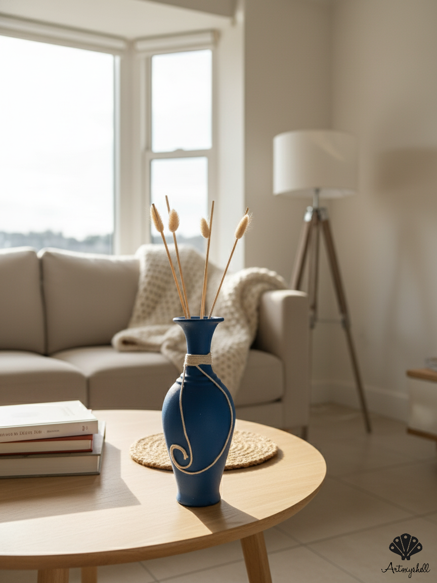 Minimalist Deep Blue Pottery Vase – Elegant Tabletop Decor for Dried Florals