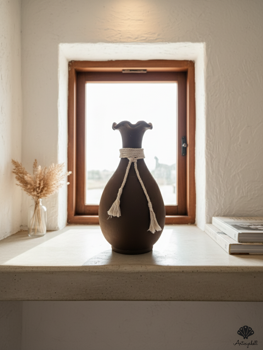 Boho Maroon Ceramic Vase with Hand-Wrapped Jute Twine and Tassel