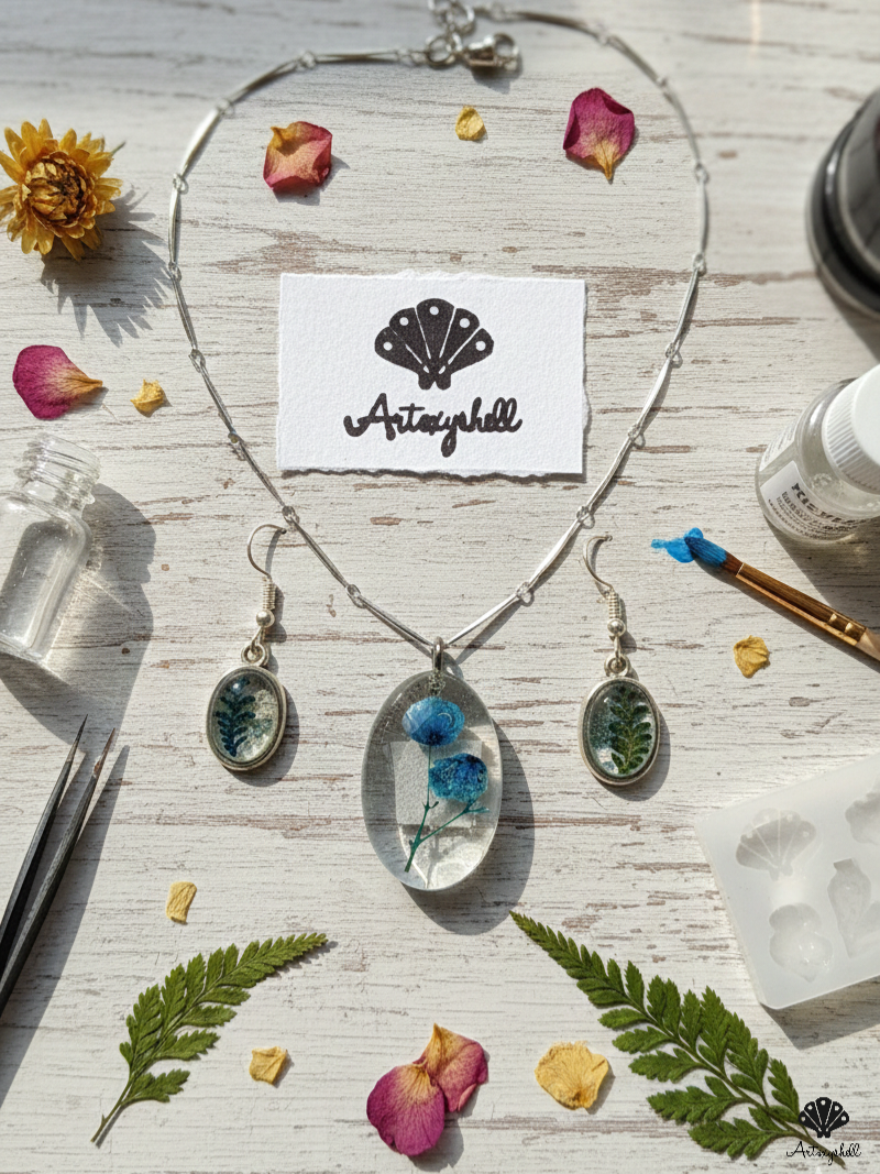 Azure Botanical Harmony: Real Pressed Flower Necklace & Earring Set