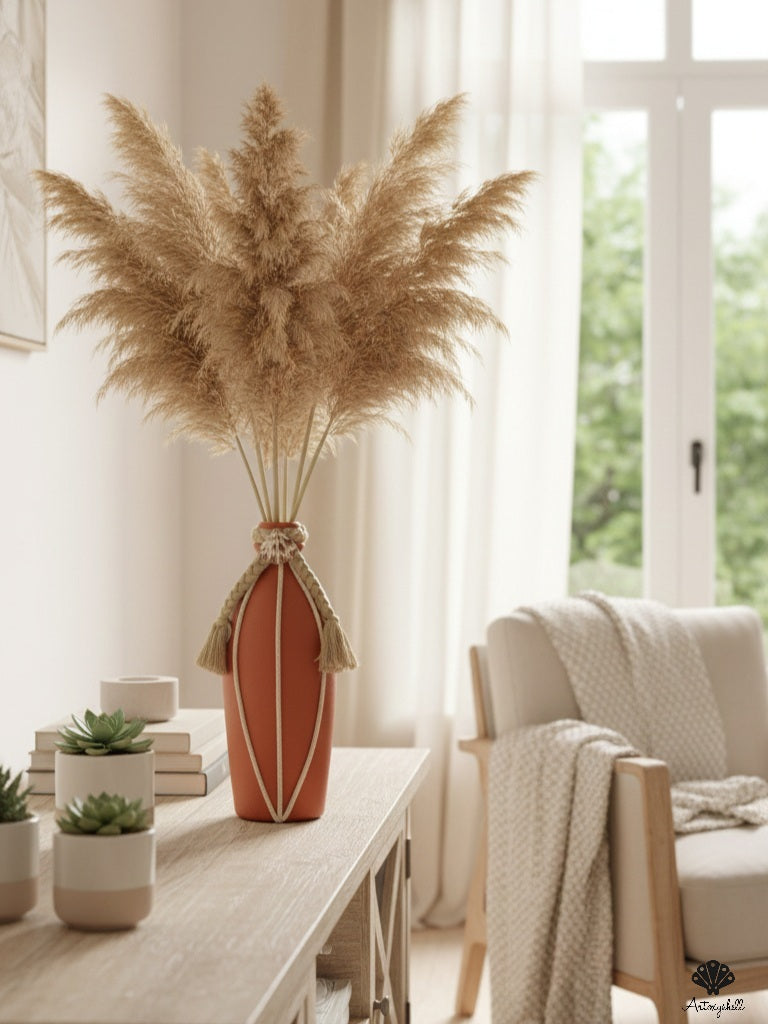 Terracotta Matte Ceramic Vase with Macramé Rope Detail