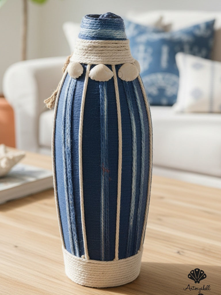 Nautical Blue Fabric Wrapped Vase with Shell Accents and Jute Rope Detailing