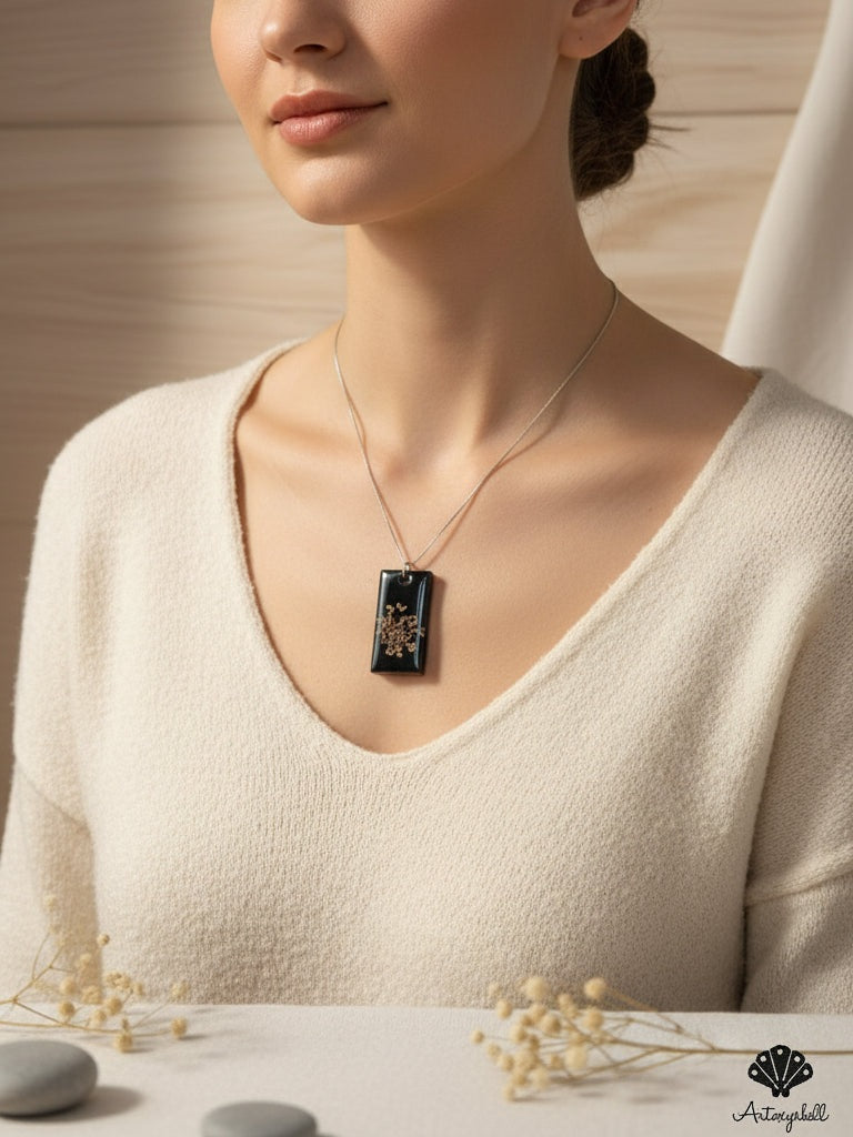 Black Resin Floral Rectangle Pendant