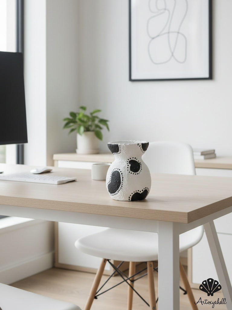 Hand-Painted Polka Dot Terracotta Mini Vase - White & Black Textured Bud Vase