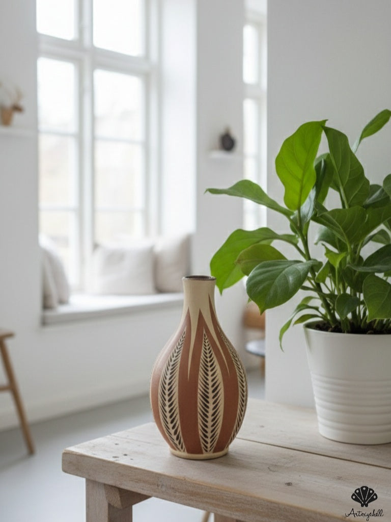 Hand-Painted Terracotta Vase with Leaf Motif – Earth Tone Ceramic decorative vase