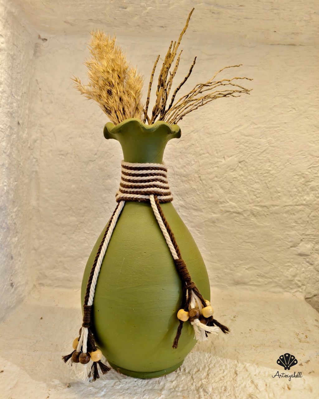 Handcrafted Rustic Green Terracotta Vase with Macrame & Wooden Bead Embellishments