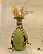 Handcrafted Rustic Green Terracotta Vase with Macrame & Wooden Bead Embellishments