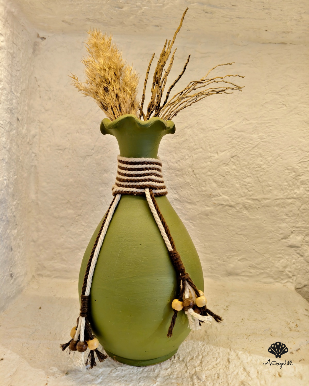 Handcrafted Rustic Green Terracotta Vase with Macrame & Wooden Bead Embellishments