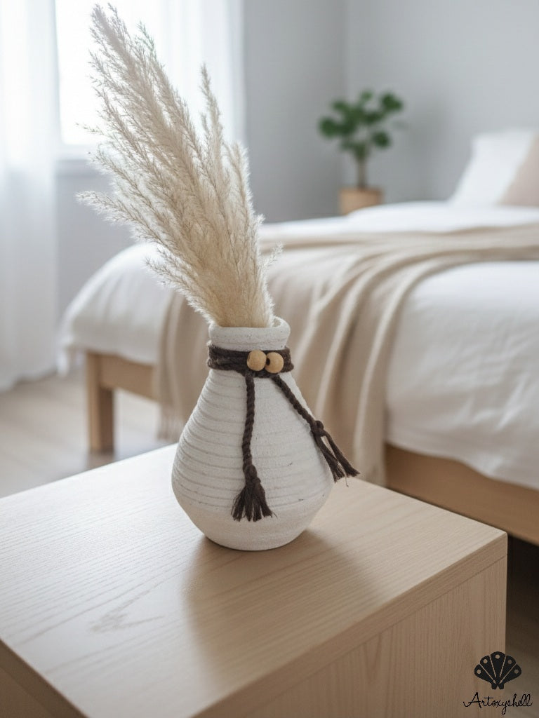 Handcrafted Textured White Terracotta Miniature Vase with Jute Tassel & Wooden Beads – Boho Home Decor Accent