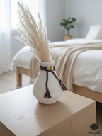 Handcrafted Textured White Terracotta Miniature Vase with Jute Tassel & Wooden Beads – Boho Home Decor Accent