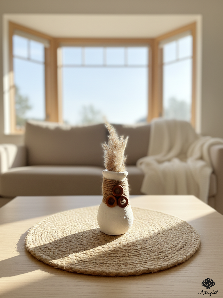 Handmade Miniature White Terracotta Vase with Jute Wrap and Wooden Ring