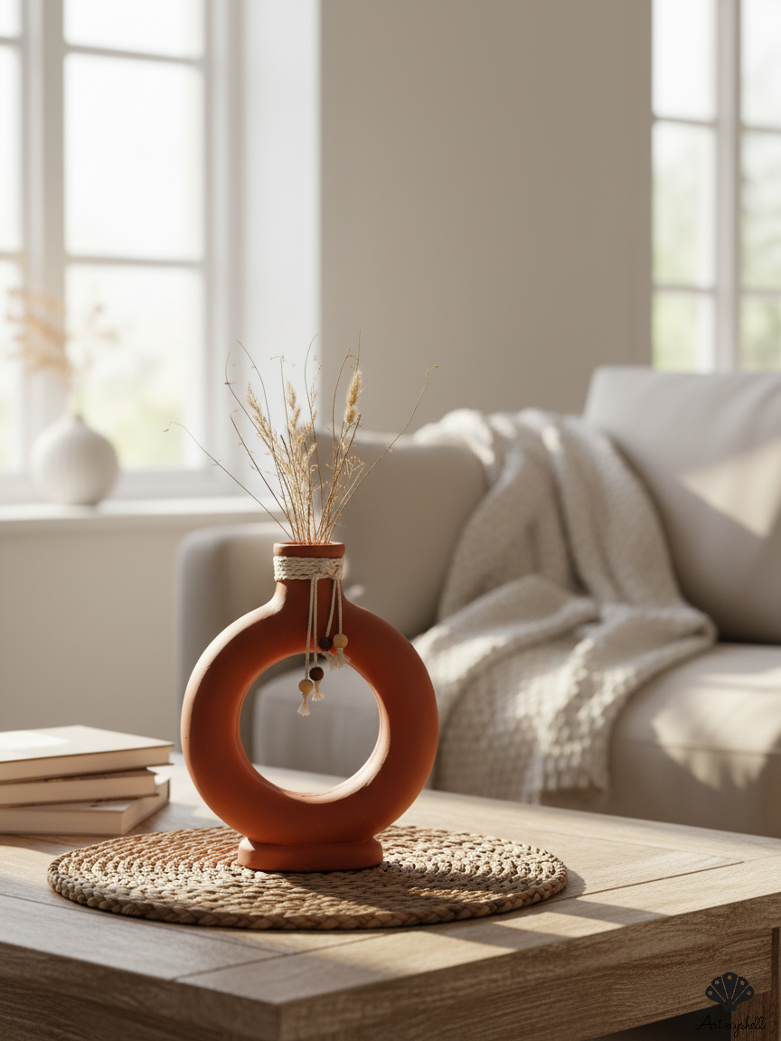 Matte Terracotta Round Vase with Decorative Rope and Bead Fringe