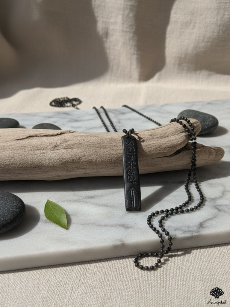 Handmade Black Carved Shell Bar Pendant - Unisex Nordic Rune Necklace