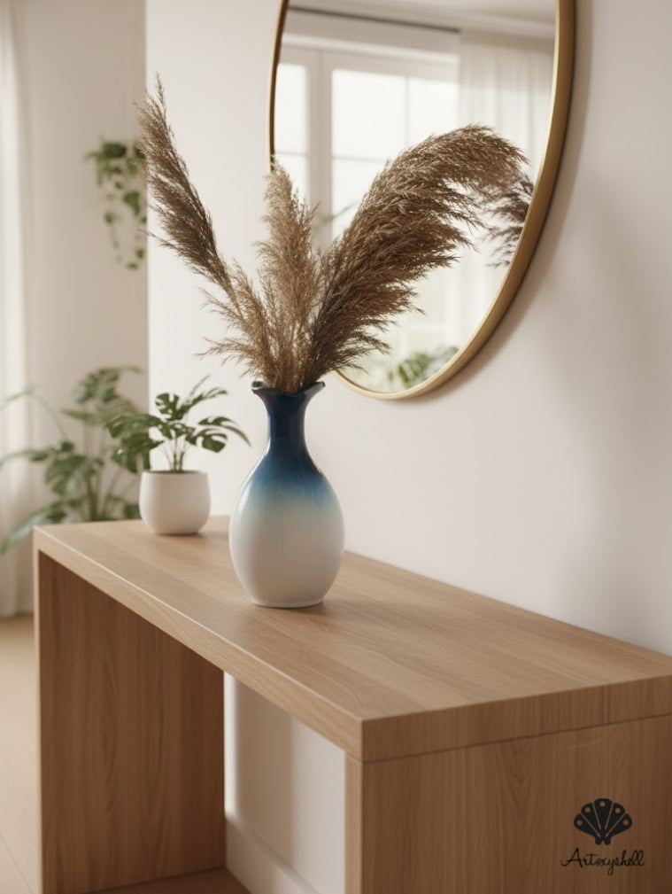 Hand-Glazed Blue and White Ceramic Bottle Vase