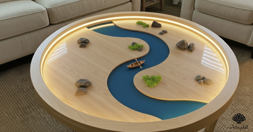 River Resin Coffee Table | Yin-Yang Wood & Glass Top