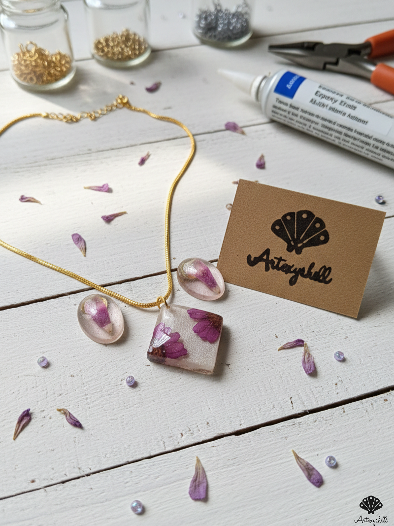 Floral Whimsy: Purple Botanical Pendant & Earring Set