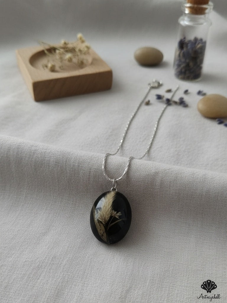 Black Botanical Oval Pendant Necklace