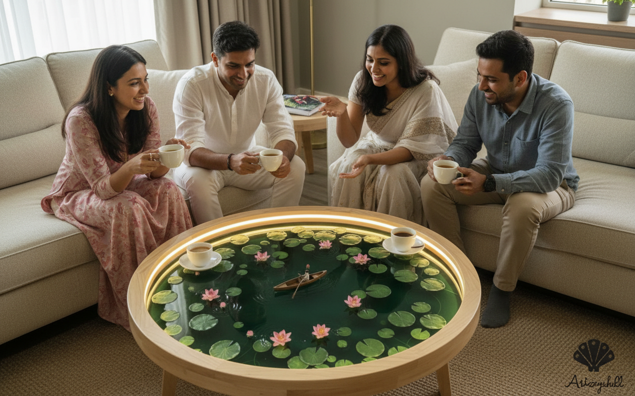 Illuminated Lotus Pond Resin Coffee Table | Luxury Wood Base