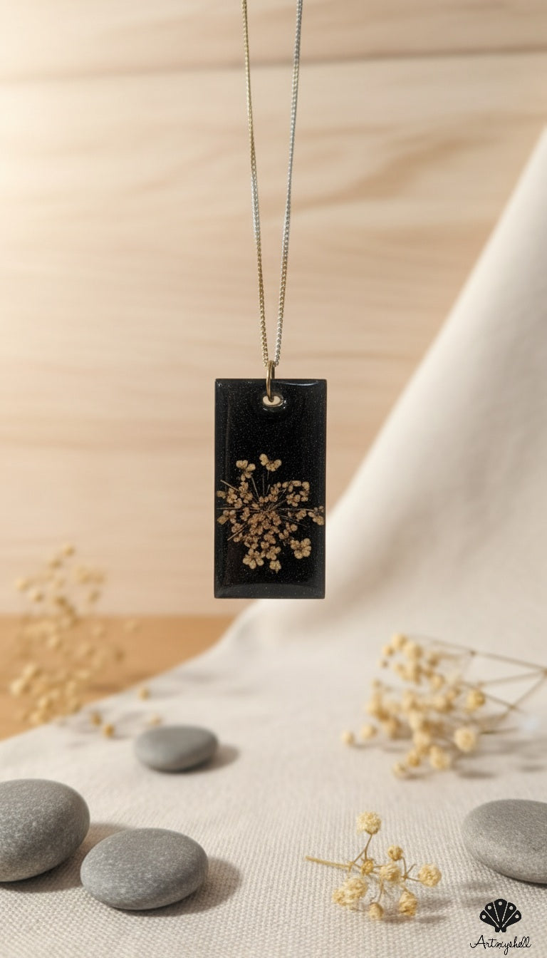 Black Resin Floral Rectangle Pendant