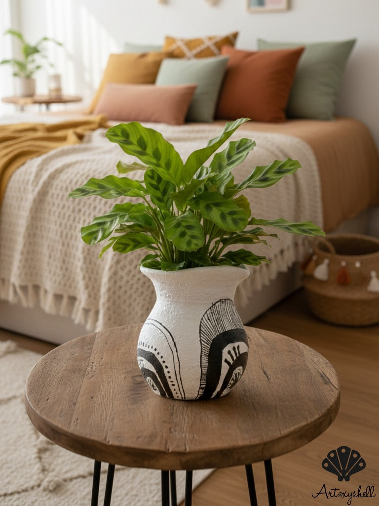 Hand-Painted Miniature Terracotta Vase – Black & White Tribal Art Flower Pot for Home Decor, Bedside Table & Gifting