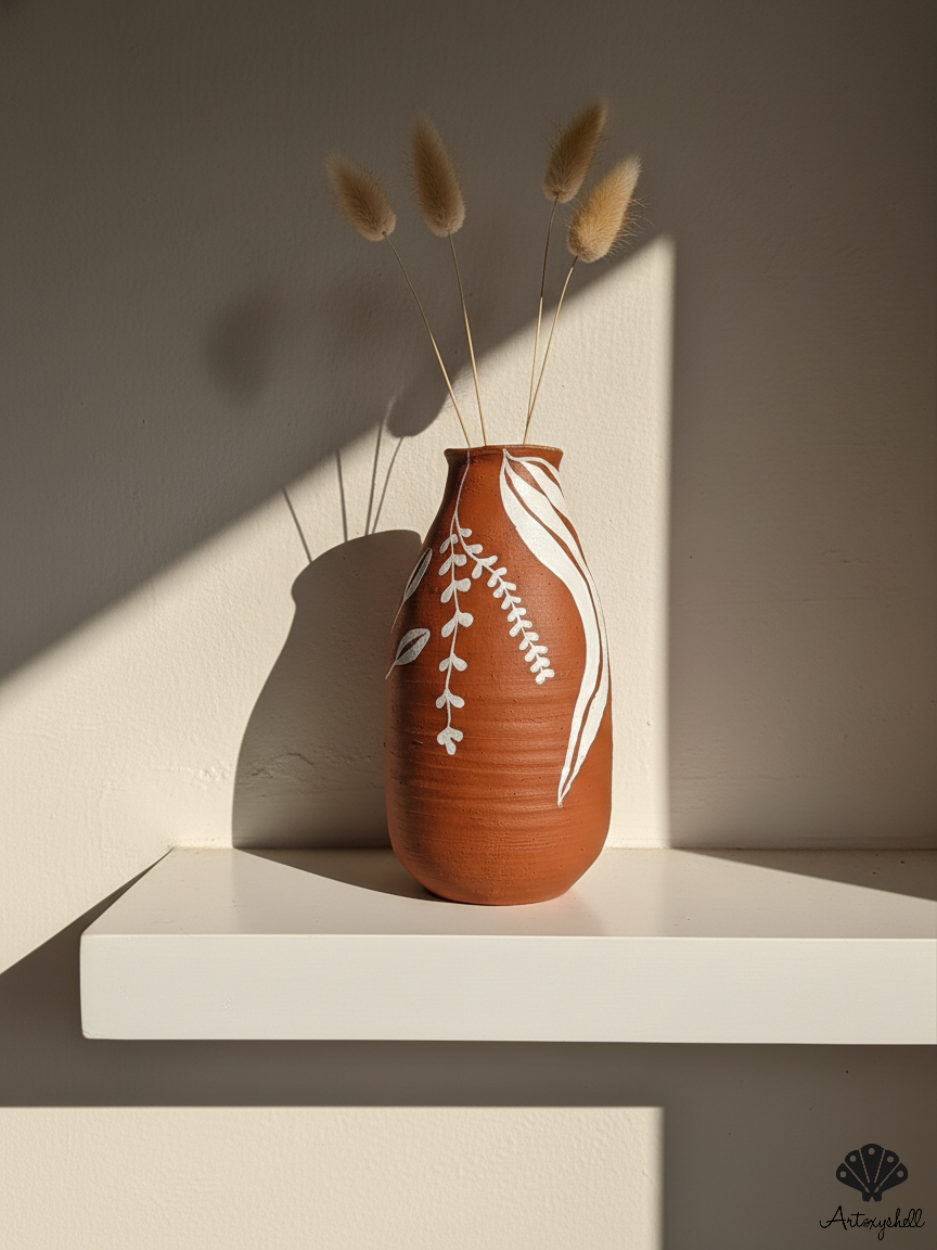 Hand-Painted Terracotta Floral Vase – Earthy Bohemian Clay Vase for Greenery