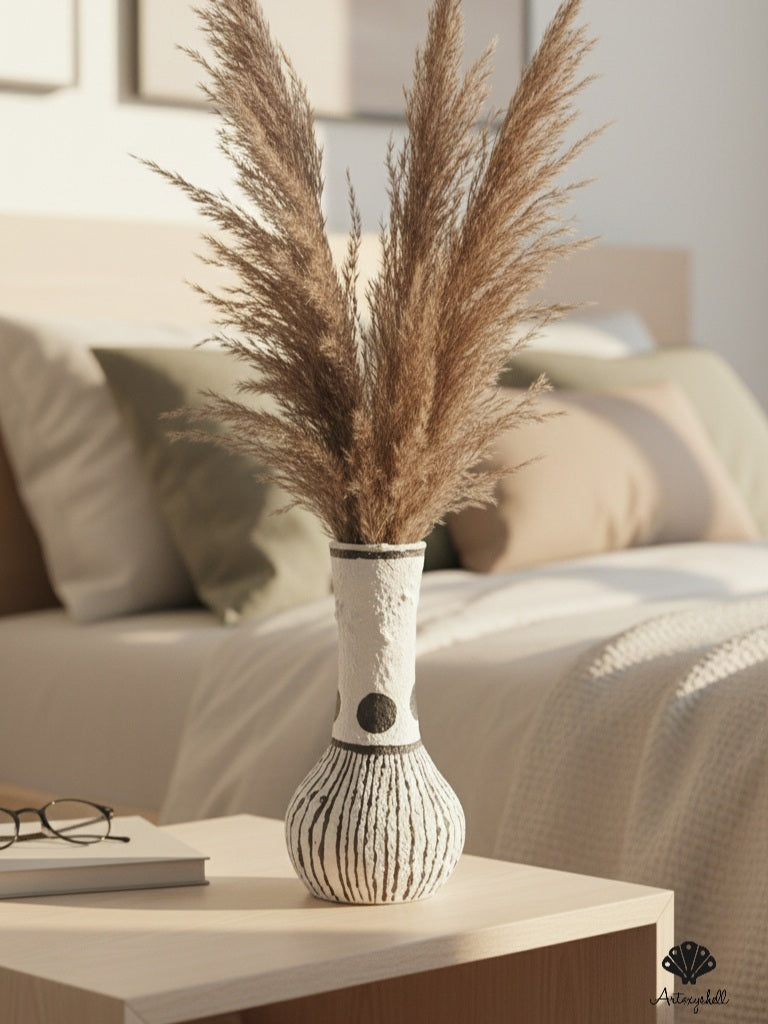 Bohemian Hand-Painted Slender Mitti Vase – Black & White Minimalist Decorative Pot for Living Room Tables