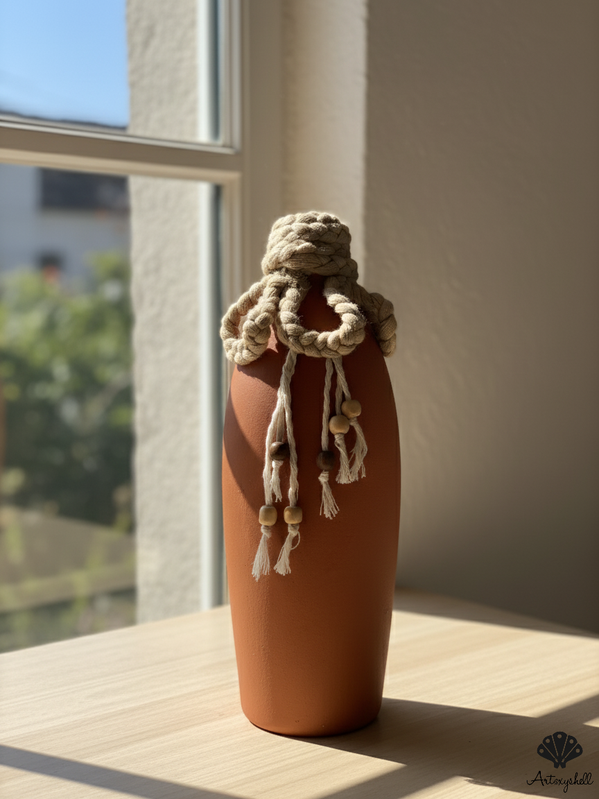 Boho Terracotta Vase with Braided Macramé Tassels and Wooden Beads