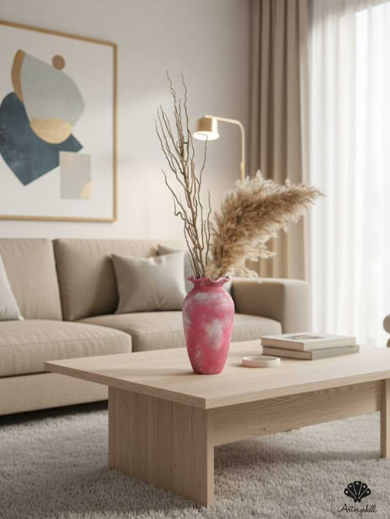 Hand-Textured Rustic Pink Ceramic Vase with Ruffled Rim