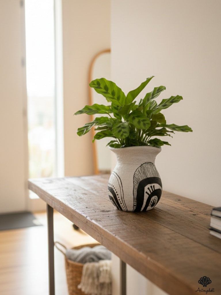 Hand-Painted Miniature Terracotta Vase – Black & White Tribal Art Flower Pot for Home Decor, Bedside Table & Gifting