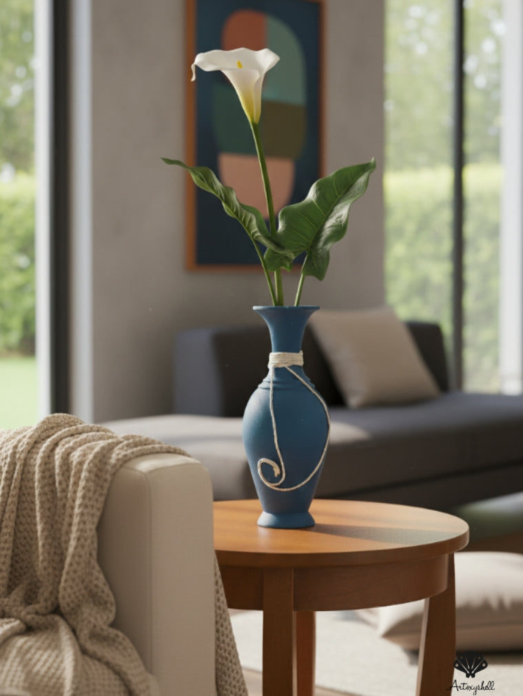 Minimalist Deep Blue Pottery Vase – Elegant Tabletop Decor for Dried Florals