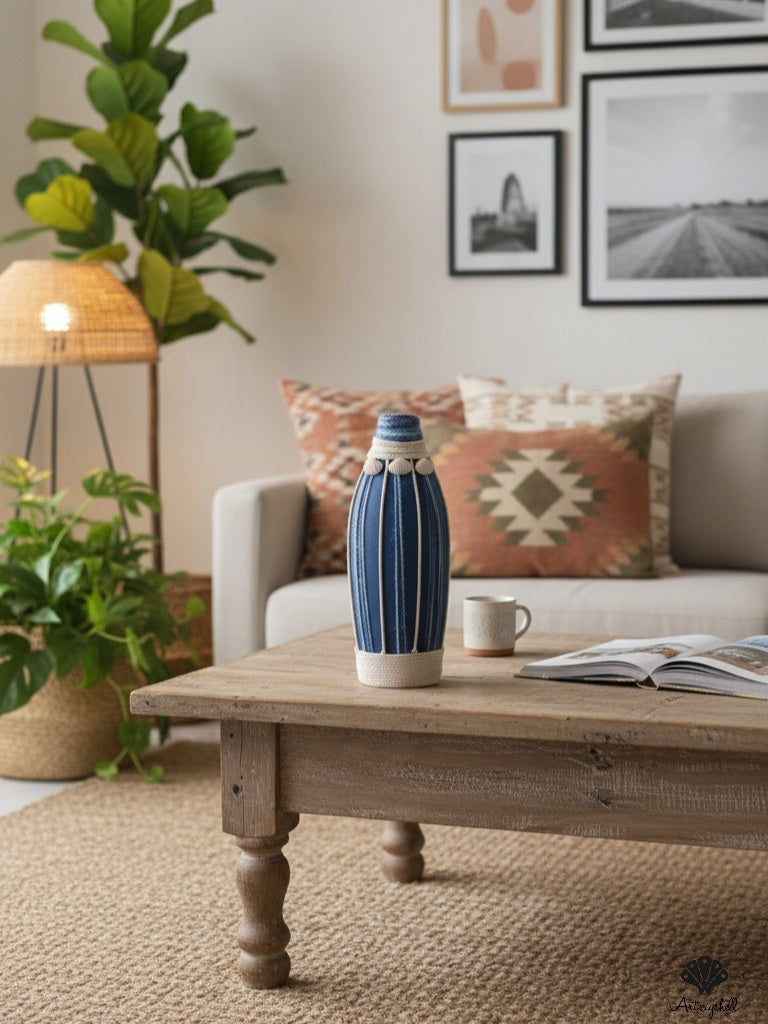 Nautical Blue Fabric Wrapped Vase with Shell Accents and Jute Rope Detailing