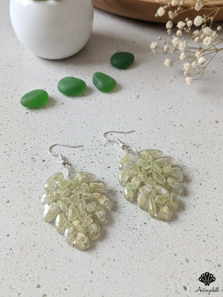 Green peridot stone Resin Leaf Earrings – Handmade monstera Dangle Jewelry