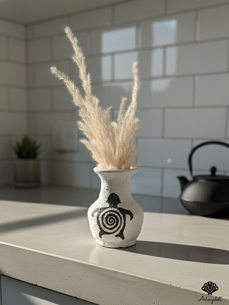 Ethnic Style Animal Print Vase - Small Textured Decorative Pot with Spiral Turtle Art