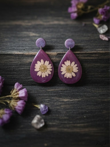 Pressed Daisy Resin Earrings – Purple Teardrop Boho Dangles