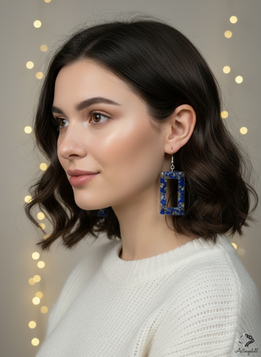 Bold Lapis Lazuli & Pyrite Rectangle Dangle Earrings | Blue Gemstone Resin Jewelry