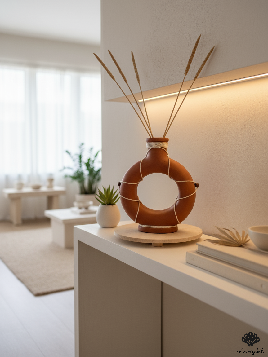 Terracotta Donut Vase with Rope Wrap Detail – Handmade Ceramic Ring Vase