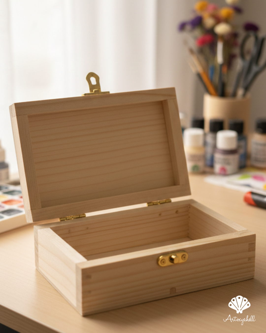 Handcrafted Pine Wood Treasure Box with Golden Latch – 4" x 6"