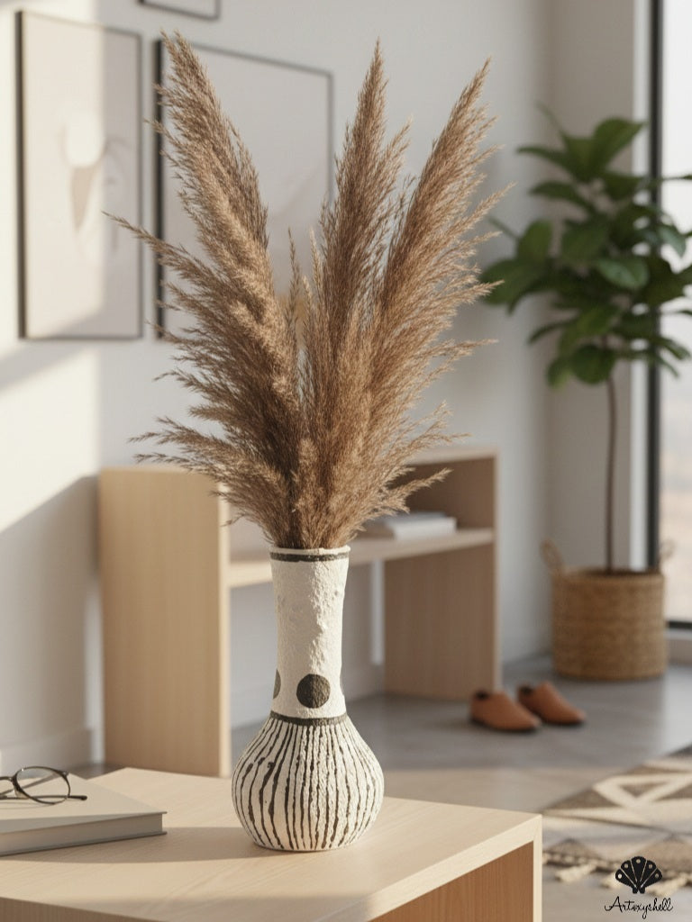 Bohemian Hand-Painted Slender Mitti Vase – Black & White Minimalist Decorative Pot for Living Room Tables