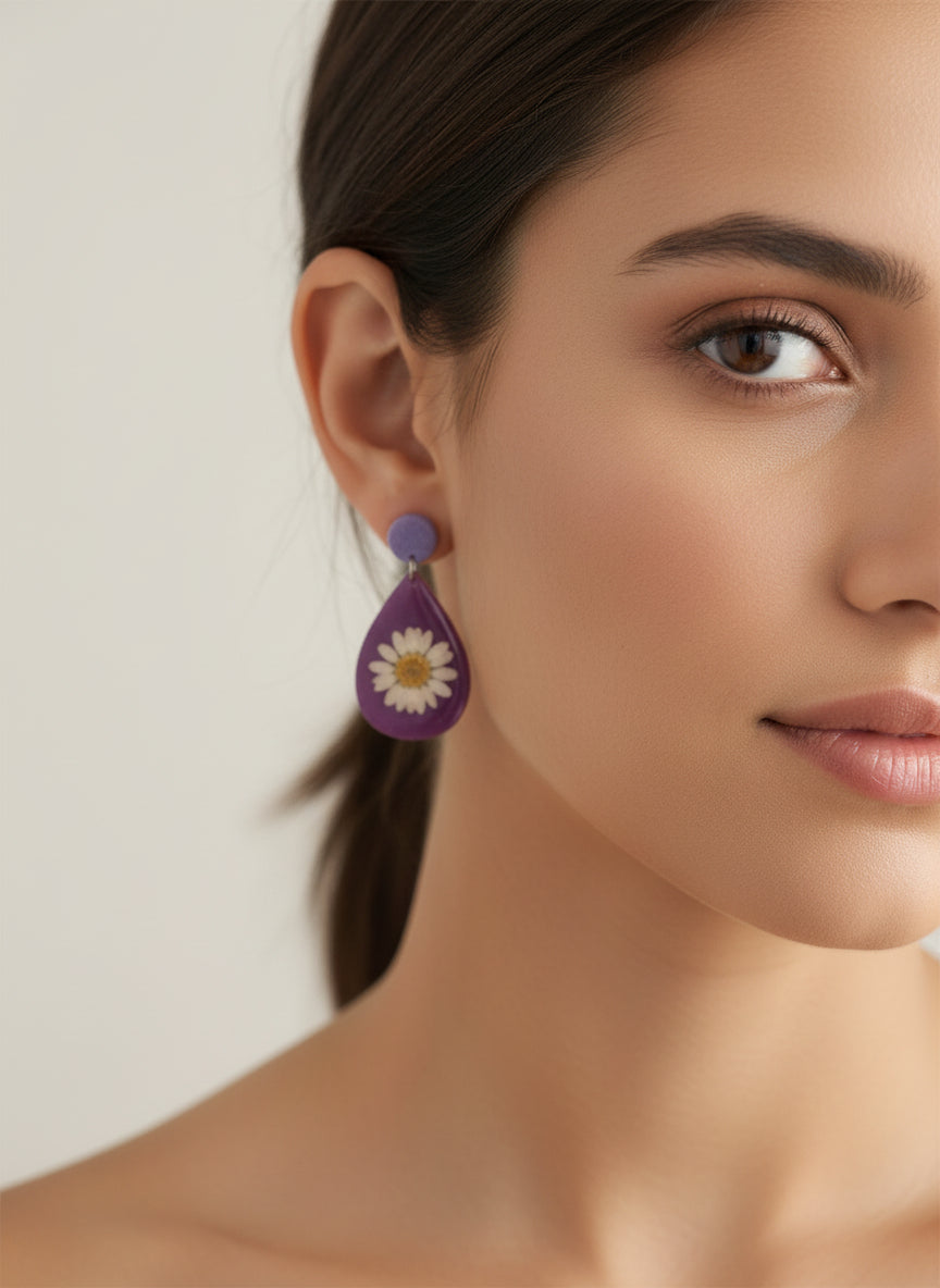 Pressed Daisy Resin Earrings – Purple Teardrop Boho Dangles