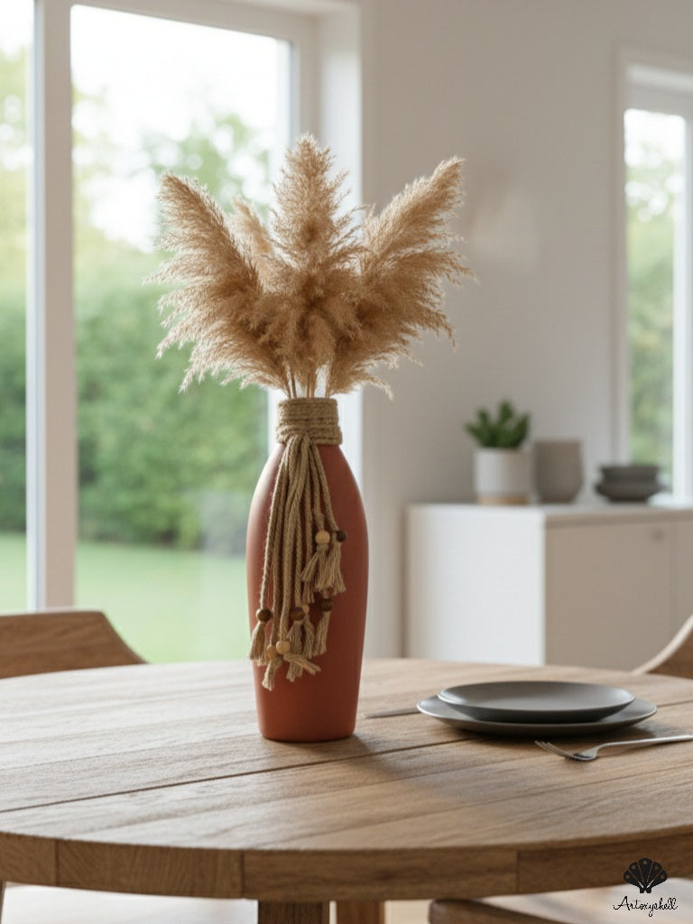 Hand-Wrapped Rope Spiral Terracotta Vase with Natural Cowrie Shell Accents