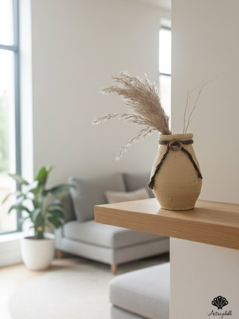 Handmade Rustic Beige Terracotta Miniature Vase with Braided Jute Accent and Wooden Ring