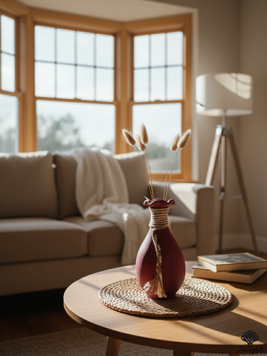 Boho-Chic Maroon Ceramic Vase with Hand-Wrapped Jute Twine and Tassel Detail