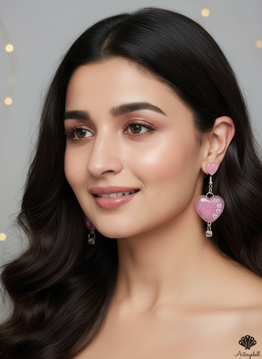 Sparkling Heart Drop Earrings: Kawaii Pink Resin Dangles