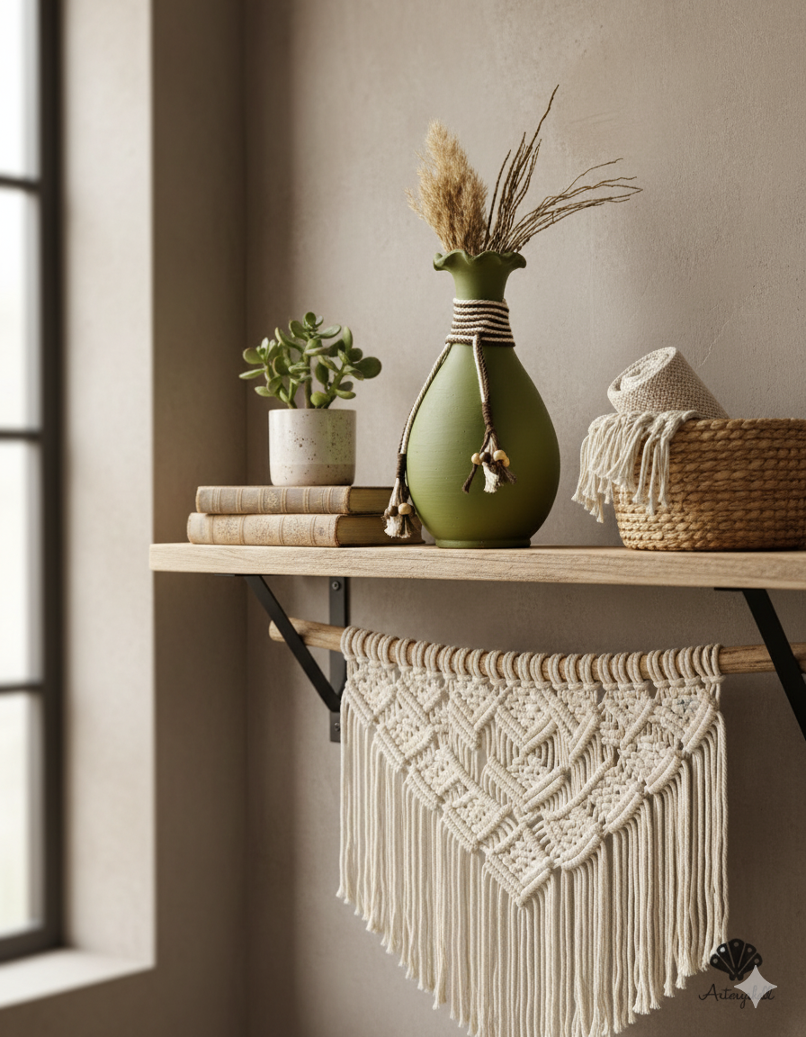 Handcrafted Rustic Green Terracotta Vase with Macrame & Wooden Bead Embellishments