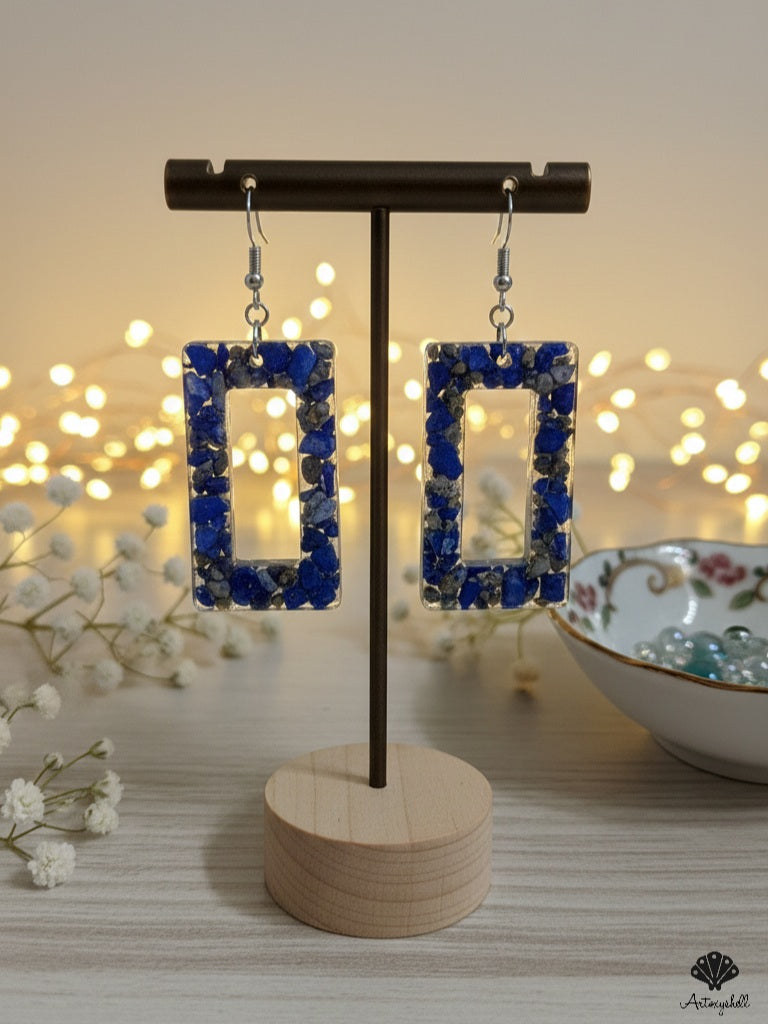 Bold Lapis Lazuli & Pyrite Rectangle Dangle Earrings | Blue Gemstone Resin Jewelry