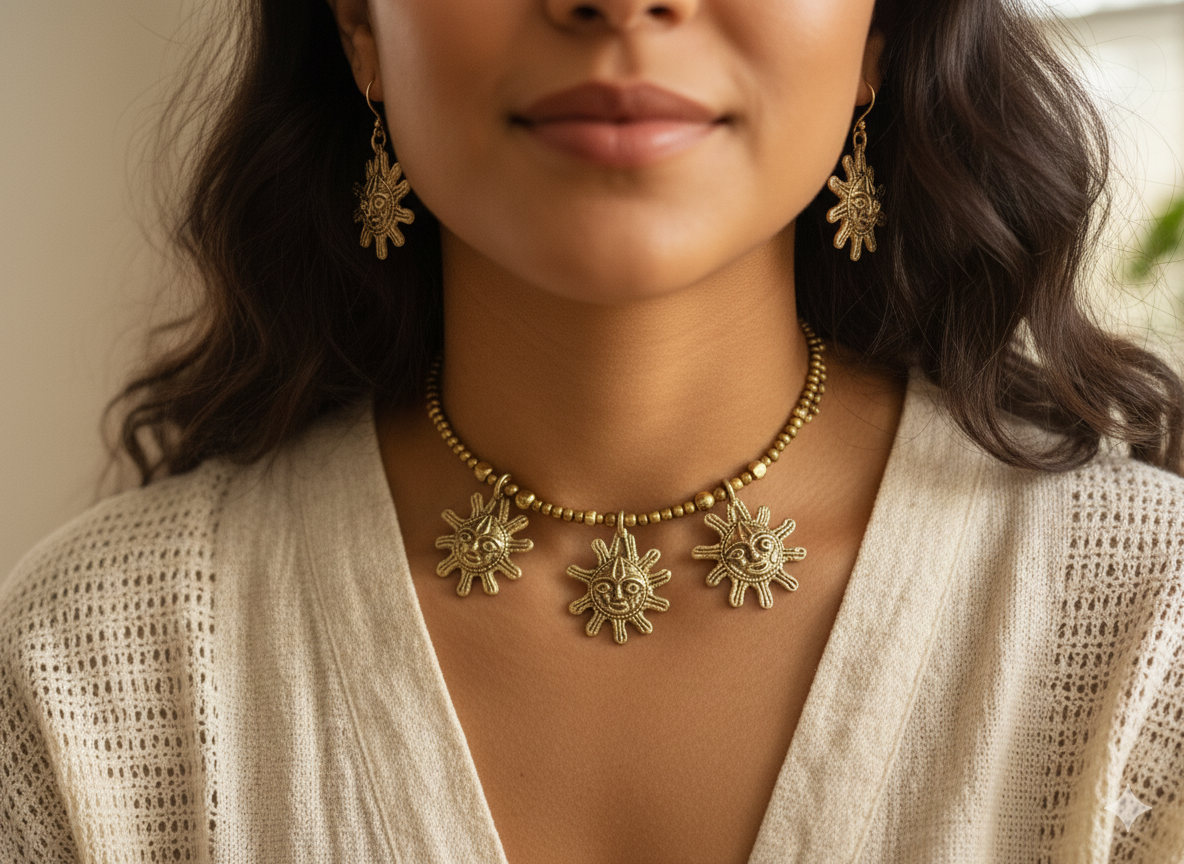 Handcrafted brass jwellery set / the sun choker necklace.