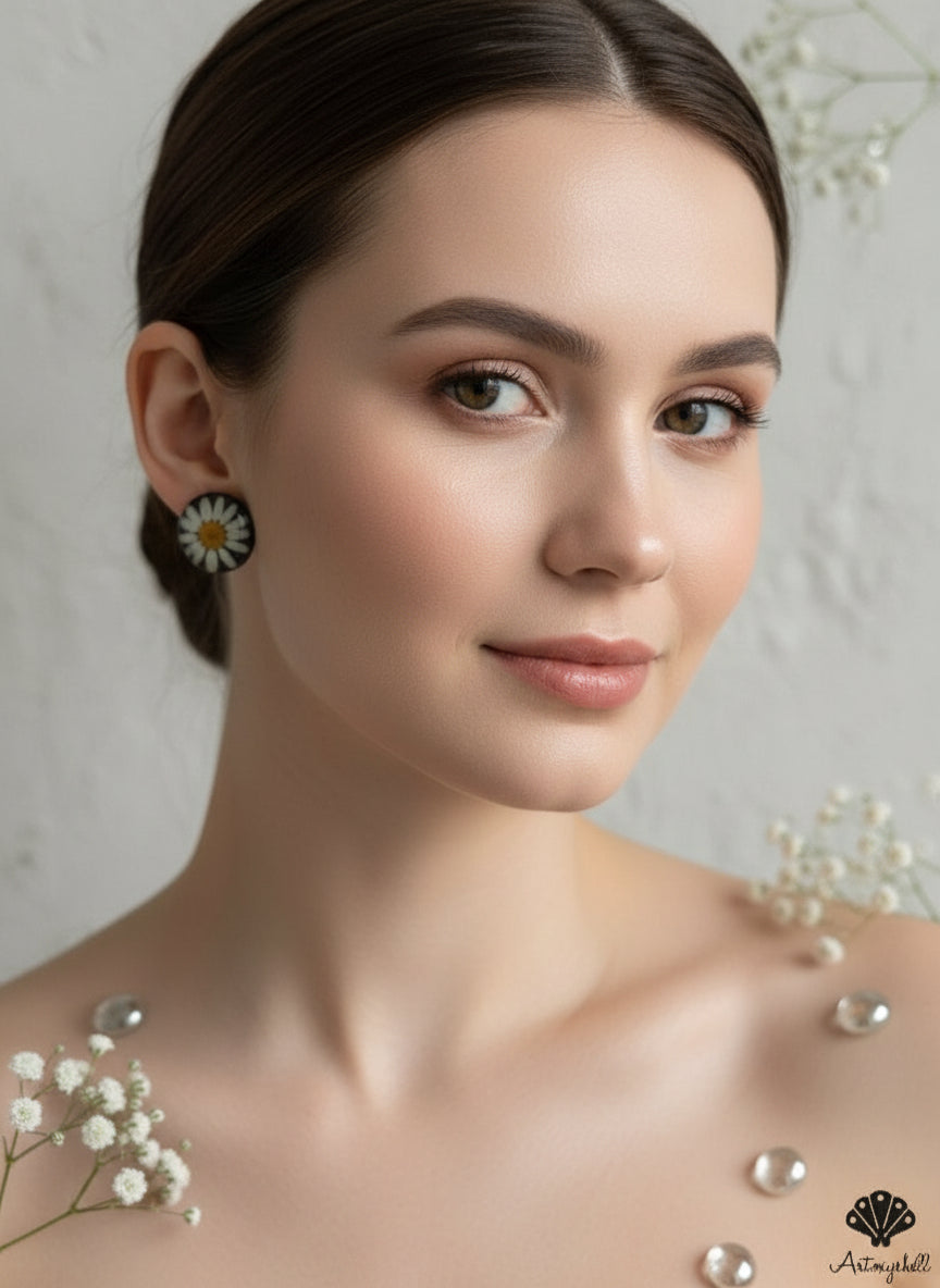 Real Daisy Resin Studs – Black Botanical Flower Earrings