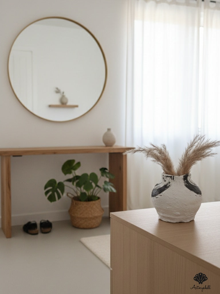 Hand-Painted Rustic Terracotta Bud Vase with Organic Texture - Black & White Abstract Design