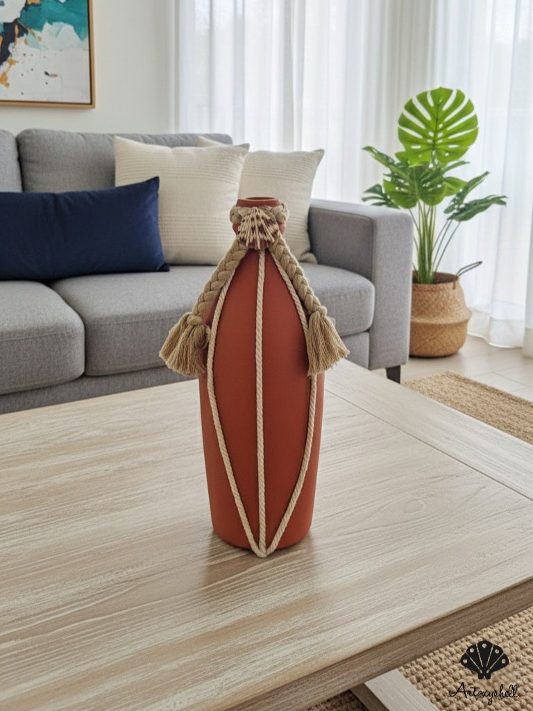 Terracotta Matte Ceramic Vase with Macramé Rope Detail